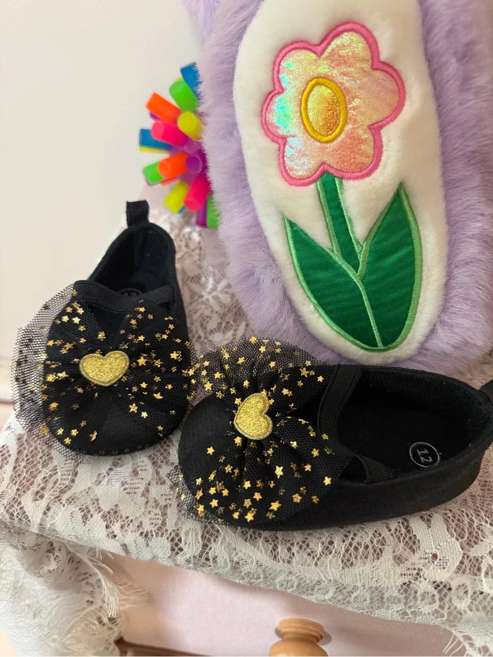 Girls Black Ballet Flats with Gold Heart and Star Tulle Accent